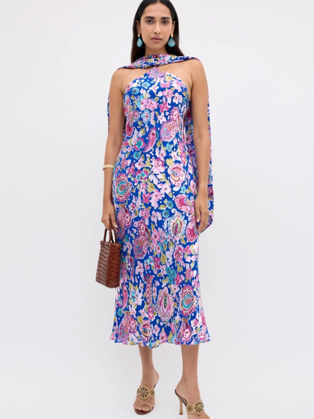RIXO Hayley Silk-Satin Devoré Midi Dress in Cara Floral Blue